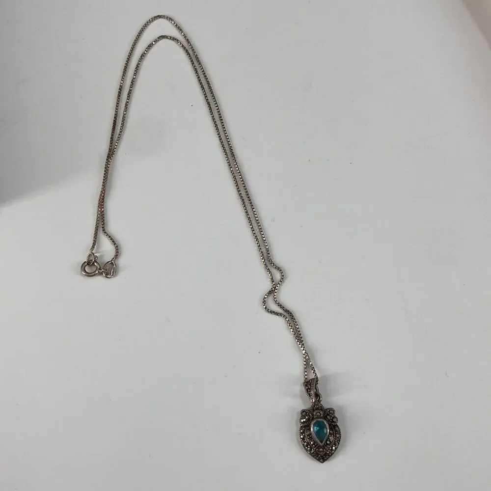 Vintage CW marcasite sterling silver blue topaz necklace